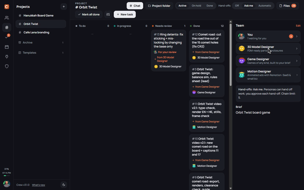 Crew project board with a team of three personas