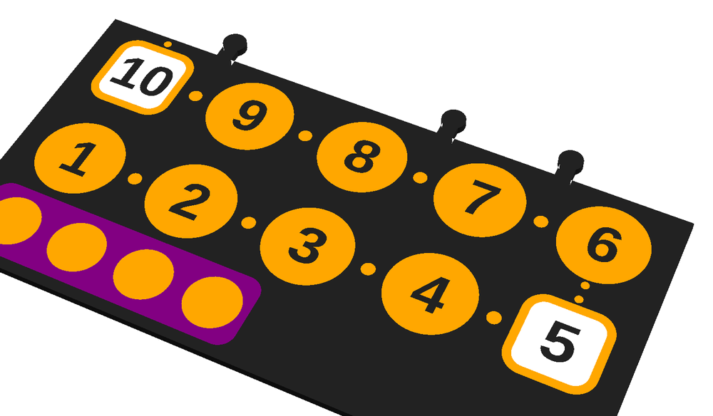 OpenSCAD render of the board: black base with orange numbered stones, white lantern stones and a purple start pad, all as separate colour inlays