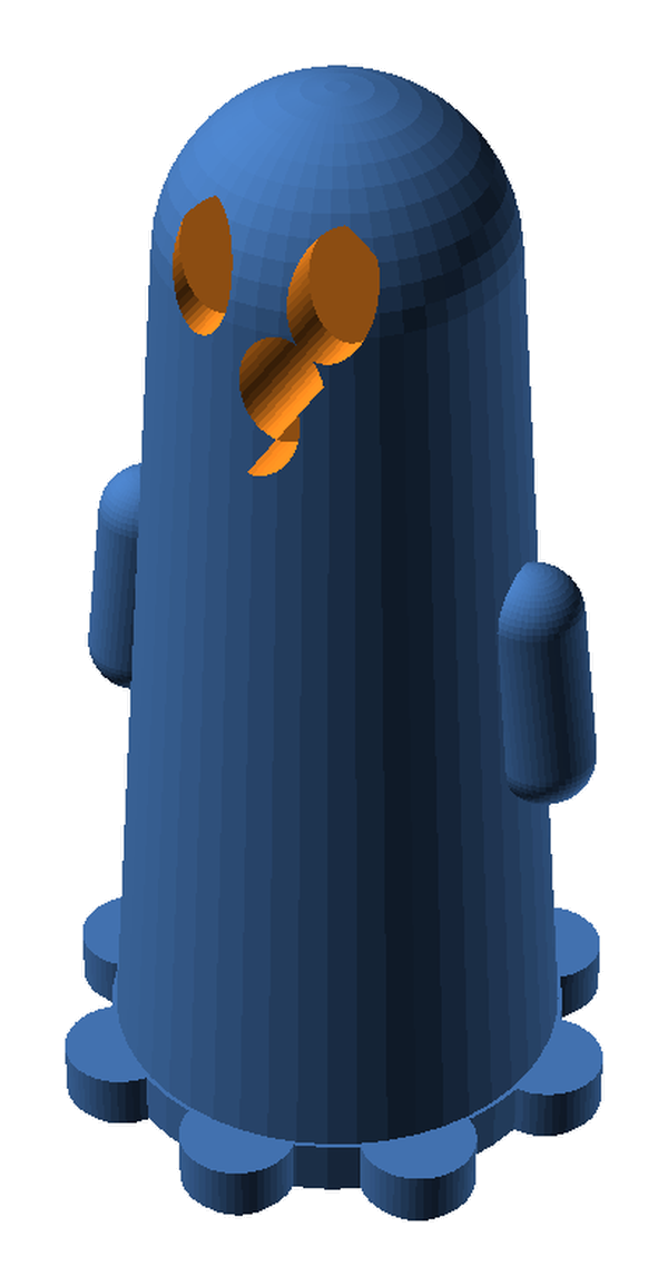 OpenSCAD render of the ghost pawn, a rounded cone with eyes and a scalloped base